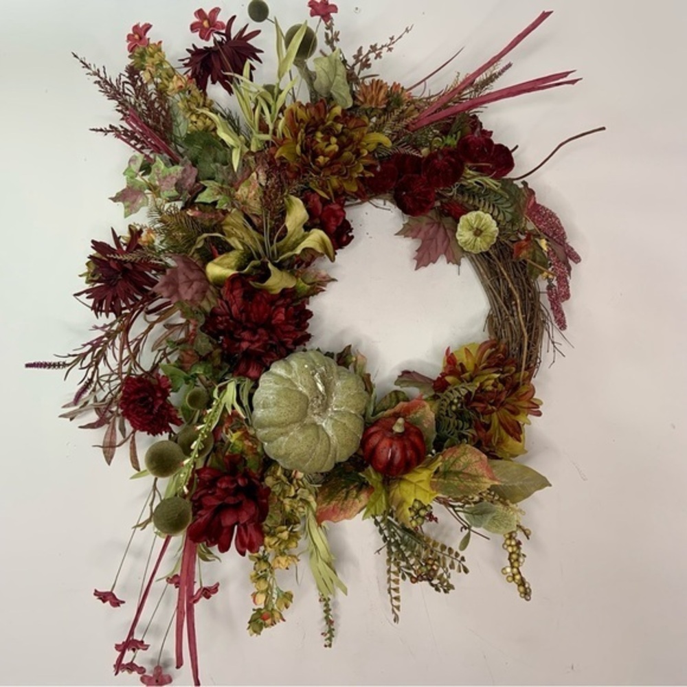Fall Floral Burgundy Green Peony Pumpkin Door Wall Wreath Autumn Home Decor